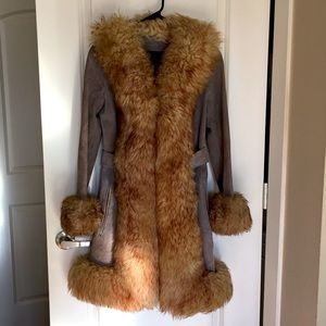 VINTAGE gray suede, tan faux fur coat